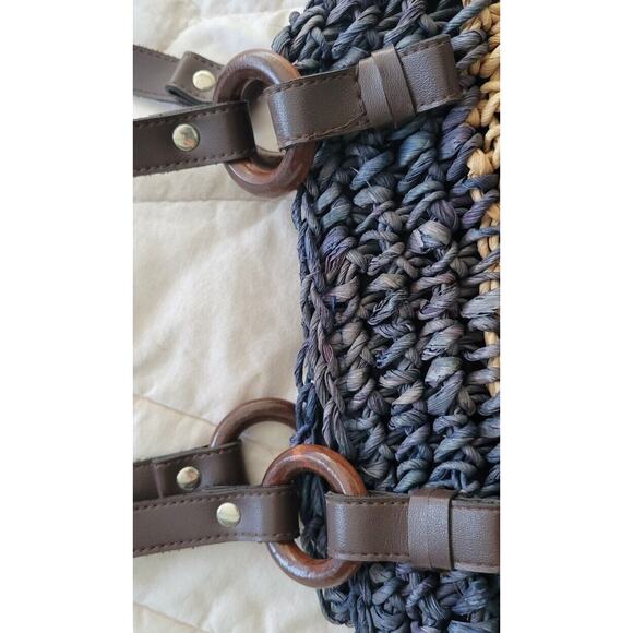 Woven Corn Husk Purse Handbag Tote Beach Straw Blue Tan 14x14 - Picture 3 of 9